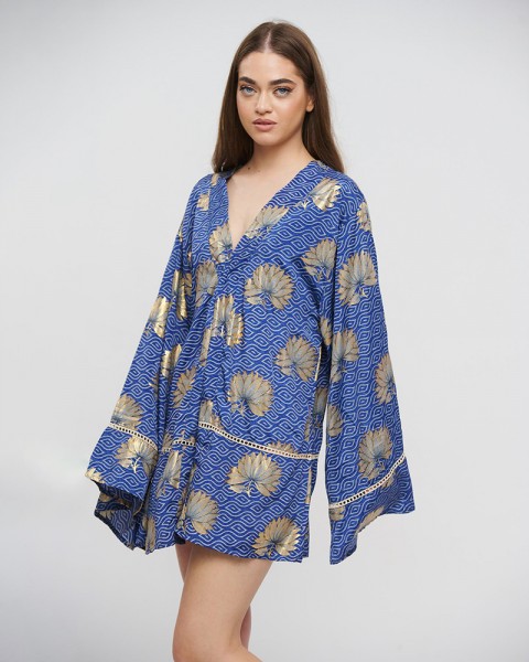 BLE KIMONO KONTO ΜΠΛΕ ΜΕ ΧΡΥΣΑ ΛΟΥΛΟΥΔΙΑ ONE SIZE(100% CREPE)