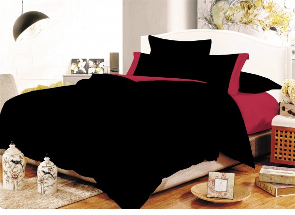 Σετ Σεντόνια ΚΟΜΒΟΣ Cotton Line Black - Red Μονόχρωμα με Φάσα Διπλά με λάστιχο 150x200+20