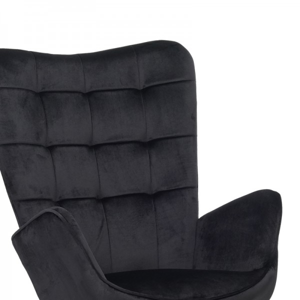 Πολυθρόνα με υποπόδιο Dorita pakoworld βελούδο μαύρο-πόδι μαύρο μέταλλο 68.5x76x103εκ