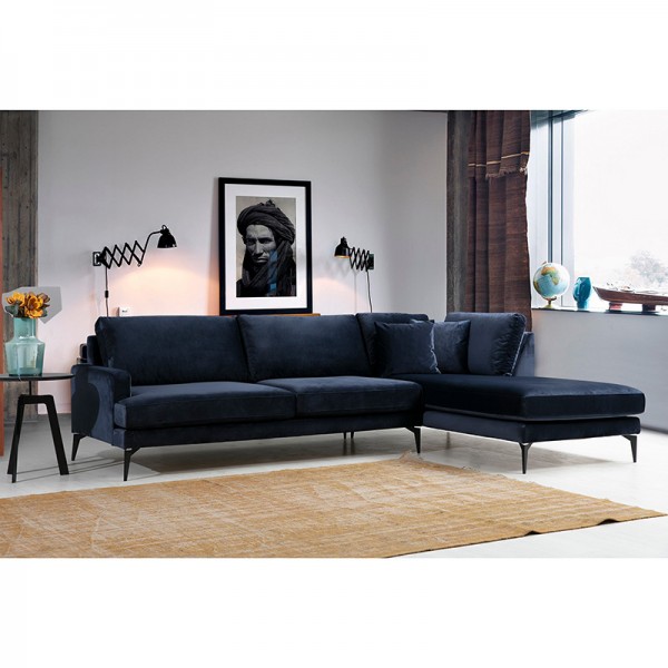 Γωνιακός καναπές Fortune pakoworld αριστερή γωνία βελούδο μπλέ-μαύρο 283x180x88εκ