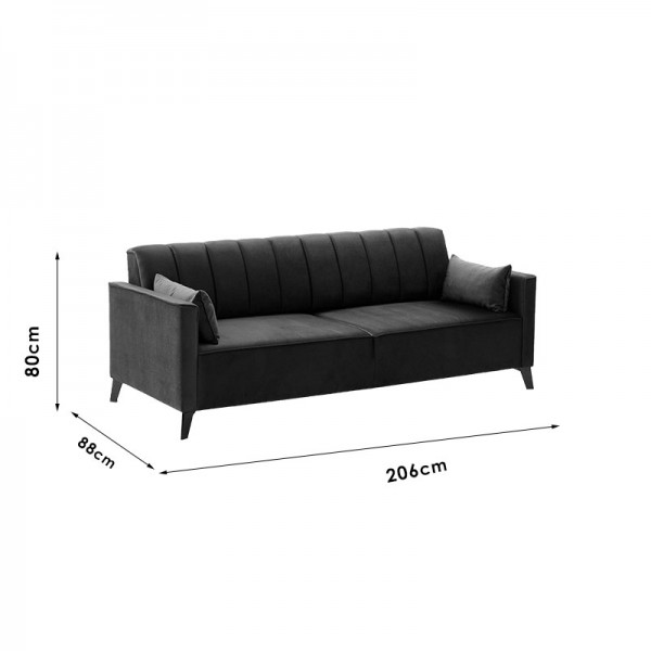 Καναπές-κρεβάτι 3θέσιος PWF-0576 pakoworld βελούδο μαύρο 206x88x80εκ