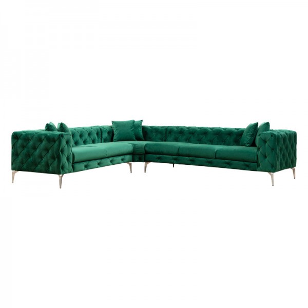Γωνιακός καναπές με δεξιά γωνία PWF-0579 pakoworld τύπου Chesterfield ύφασμα πράσινο 310/270x70εκ
