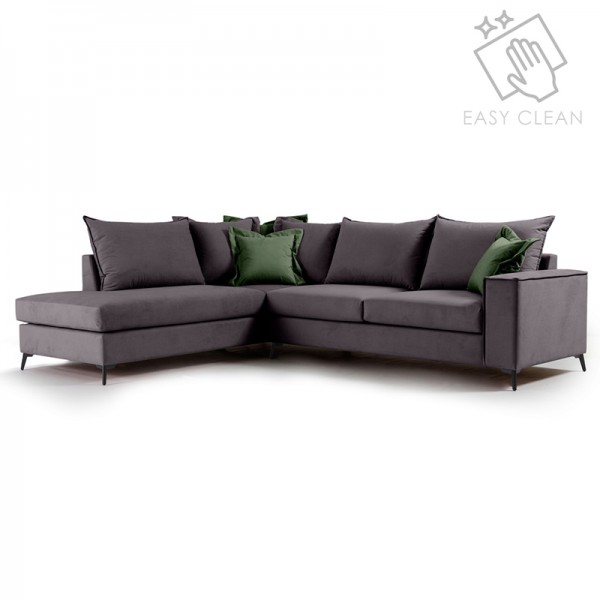 Γωνιακός καναπές δεξιά γωνία Romantic pakoworld ύφασμα ανθρακί-κυπαρισσί 290x235x95εκ