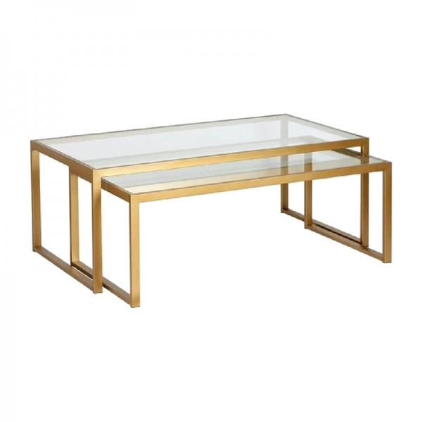 Τραπέζι σαλονιού Redro pakoworld σετ 2τεμ χρυσό μέταλλο-γυαλί 100x40x45εκ