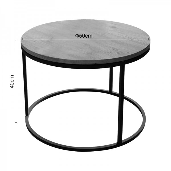 Τραπέζι σαλονιού Drion pakoworld oak μελαμίνης-μαύρο μέταλλο Φ60x40εκ